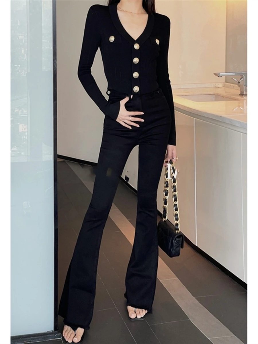 High Waist Flared Jeans Women's Autumn Winter Long Version 175 Cuffed Ankle Boots High Waist Slimming Deep Blue Washed Zipper