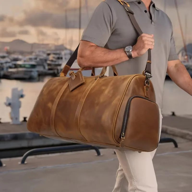 Vintage Leather Large Capacity Weekend Overnight Travel Duffel Bag Zipper Seal Men's Sports Fitness Bag