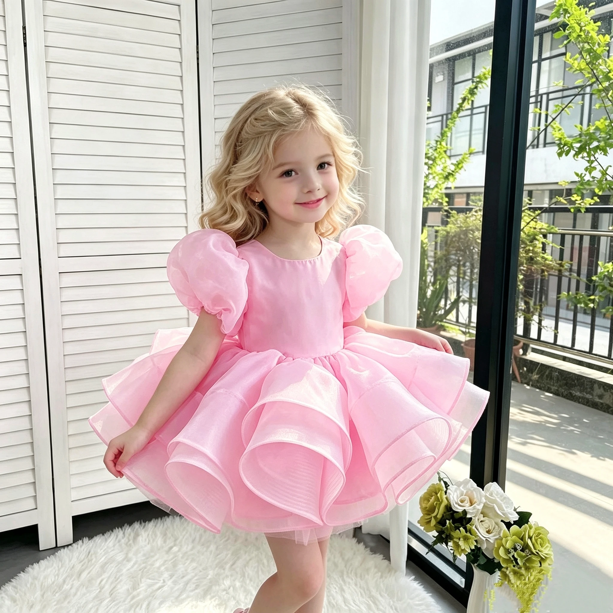 Luxury Dress Party Big Butterfly Girl Cost  Lovely Kids Birthday Gowns Toddler Pageant Dress  Bubble Sleeves Pink satin Party C