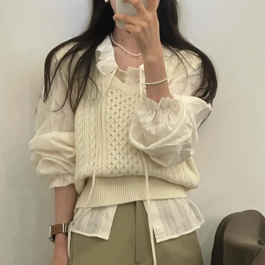 

Chic Spring Plaid Bubble Sleeve Floral Collar Women's Cotton Shirt Knitted Sweater Vest Loose Fit Long Sleeve Casual Wear