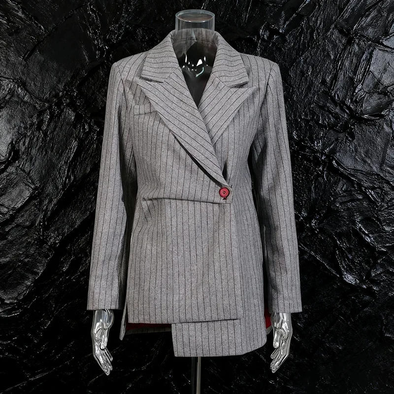 

Retro-chic Style Suit Jacket 2025 Autumn New Style Irregular Design Gray Striped Suit Jacket for Women