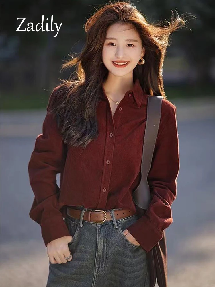 

2024 Autumn Office Lady Long Sleeve Women Corduroy Basic Shirt Korea Style Button Up Thick Blouse Button Up Work Female Clothing