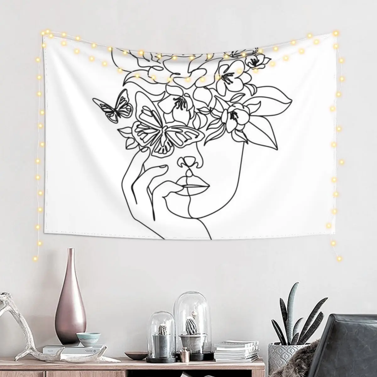 

Flower in woman head. Vector line illustration. Line drawing. One line. Nature face. Nature cosmetics. Flower icon. Min Tapestry