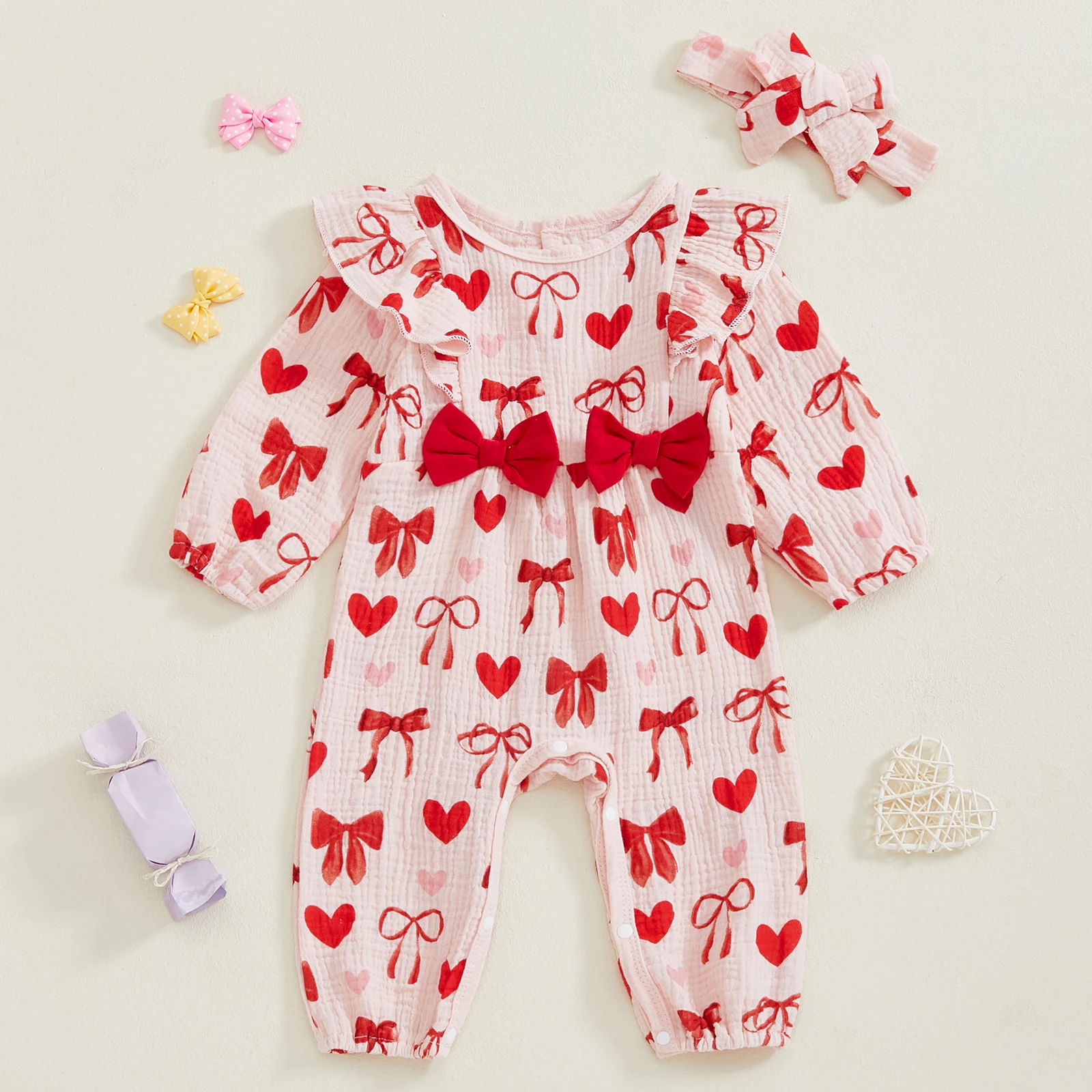 

Sweety Baby Girls Valentine's Day Romper Heart Bow Print Ruffled Long Sleeve Jumpsuits Cute Headband Set for Toddler Kids