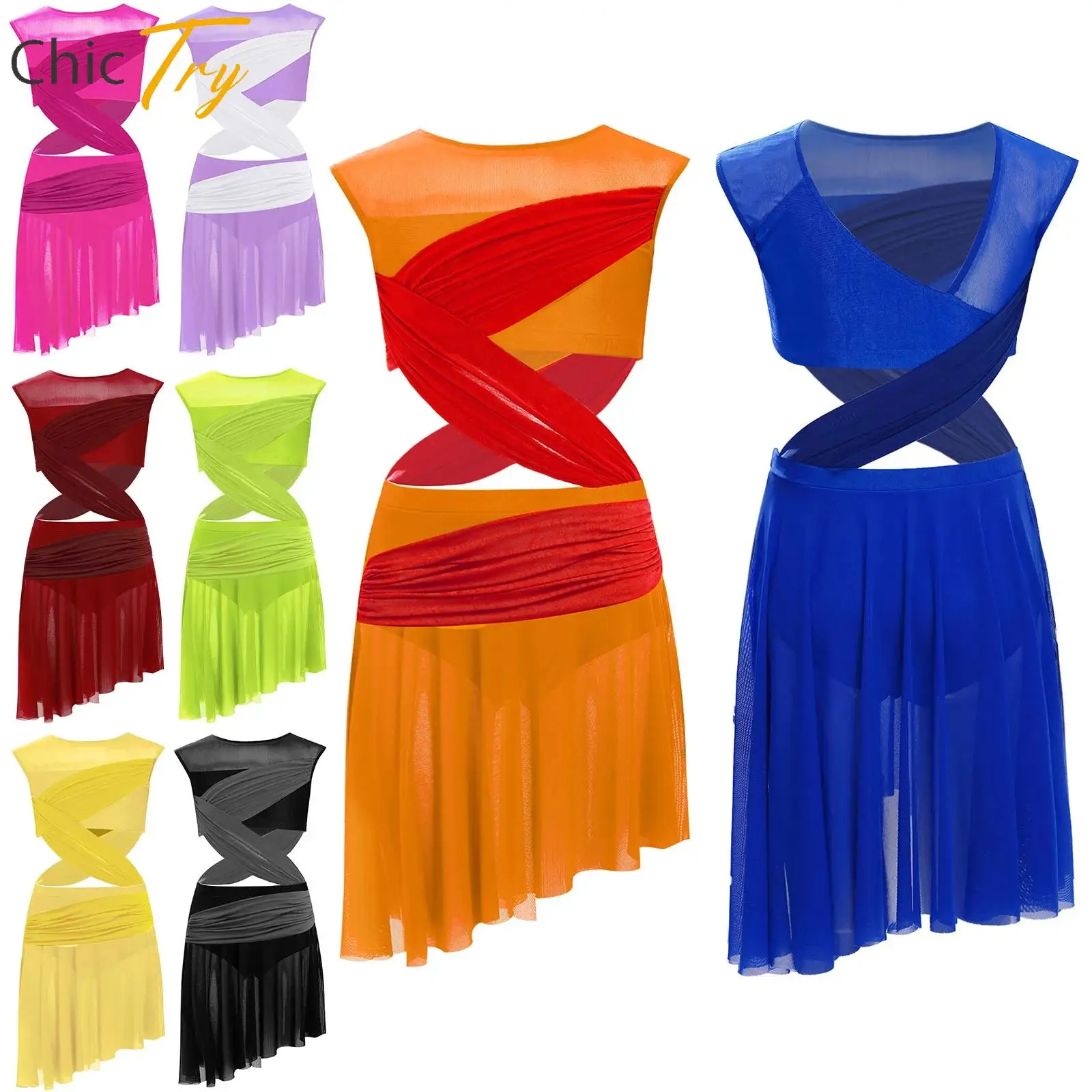 

New Kids Girls One-Piece Lyrical Dance Dresses Sleeveless Sheer Mesh Patchwork Asymmetrical Dress Dancewear Modern Dance Clothes