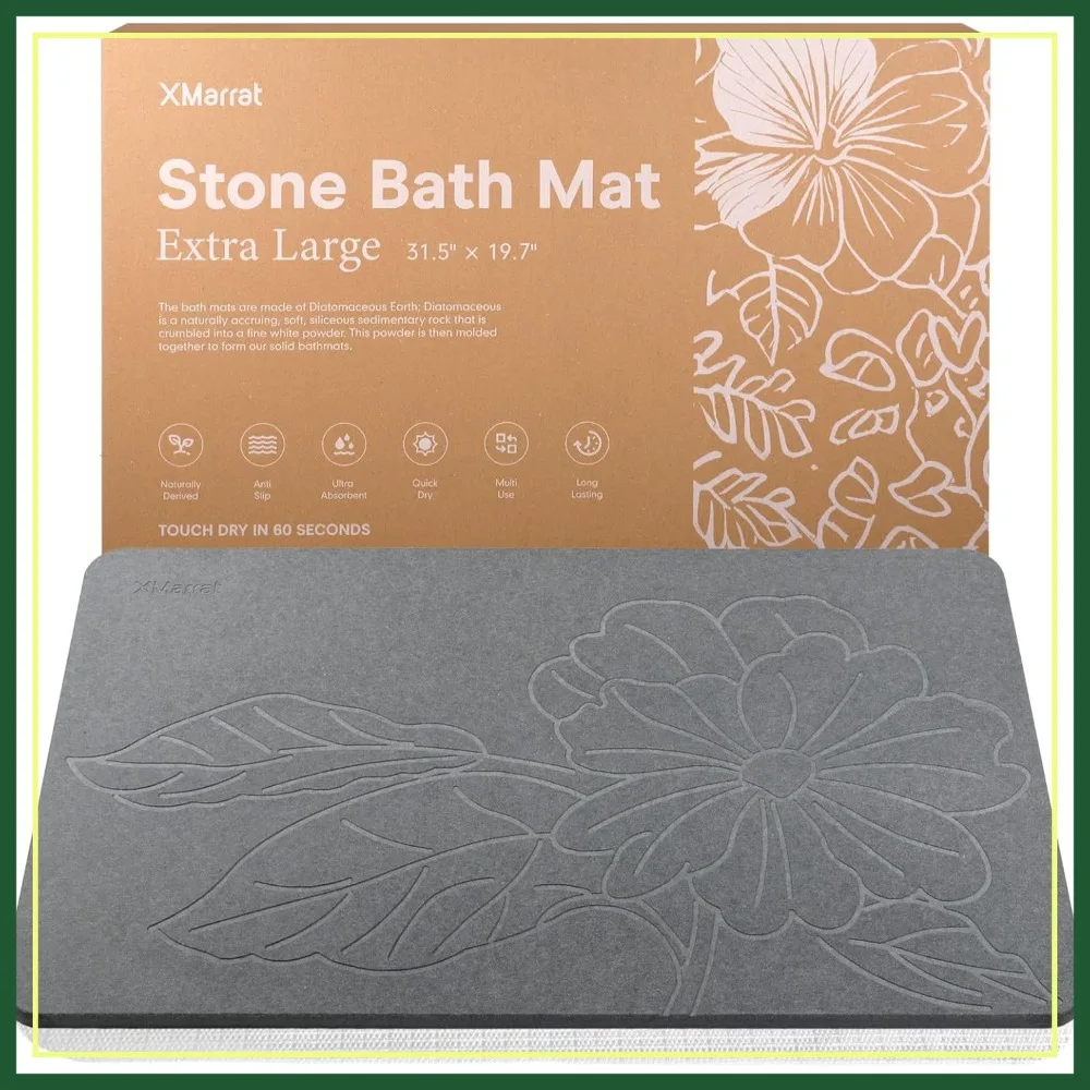 

31.5x19.7in Extra Large Stone Bath Mat - Super Absorbent Diatomite, Quick Drying, Non-Slip Shower Mat for Bathroom, Dark Gray