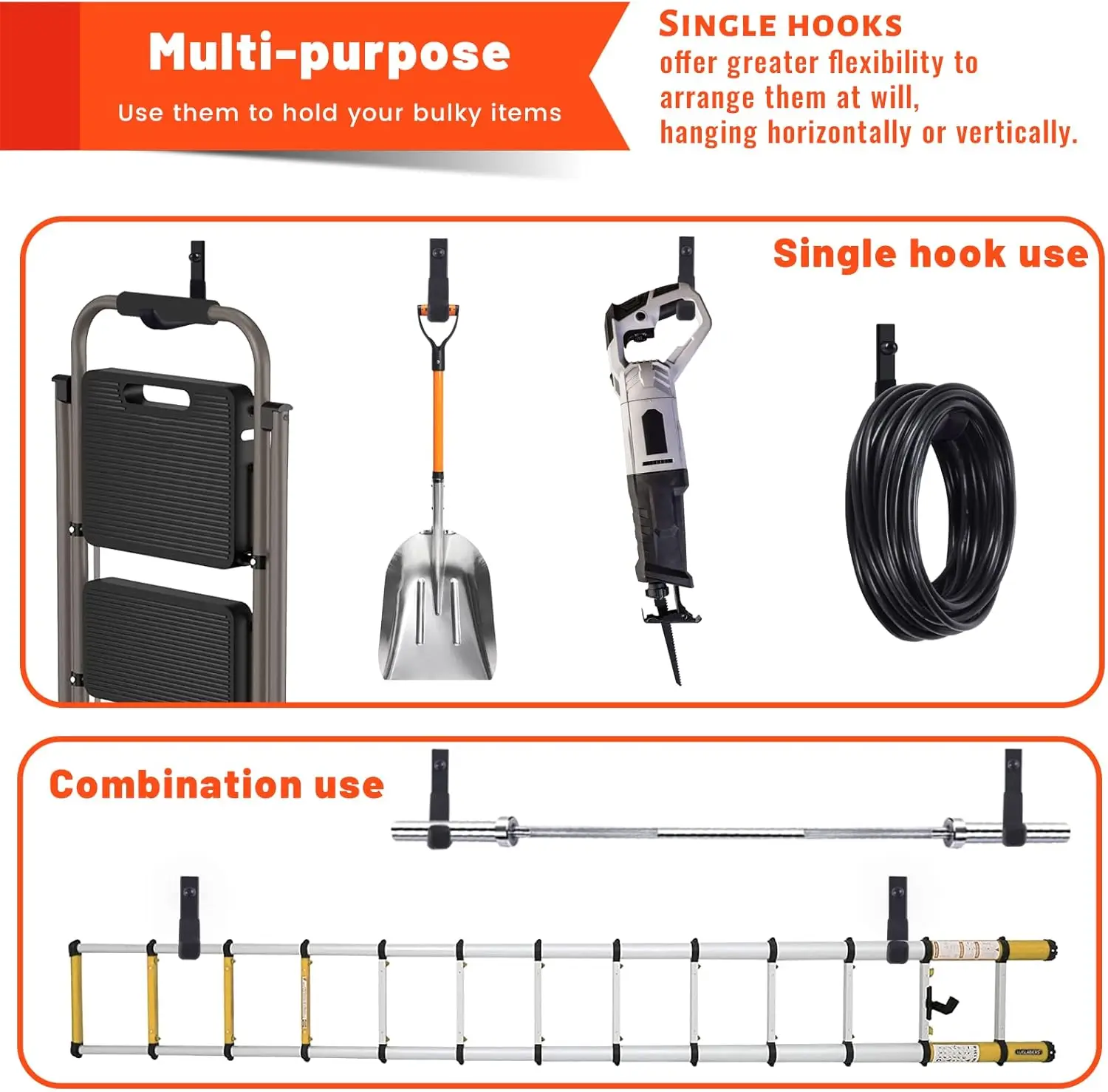 8 Pack Garage Storage Hooks, Ladder Hangers, Steel Wall Mount Hooks, Utility Hooks for Hanging Heavy Duty Shed Tools, Ropes, Gar