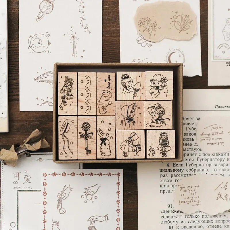 12 Pcs/set Character Universe Flower Wooden Rubber Stamp Cute Journal Scrapbook Decoration Stamp DIY Collage Stationery Supplies