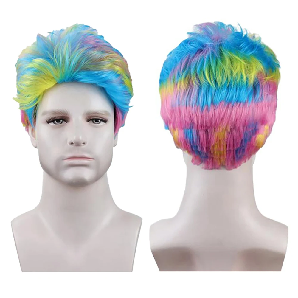 Men's Rainbow Wig Short Spiky Fluffy Synthetic Hair Steve Harrington Cosplay Wig For Stranger Things Halloween Party Costume