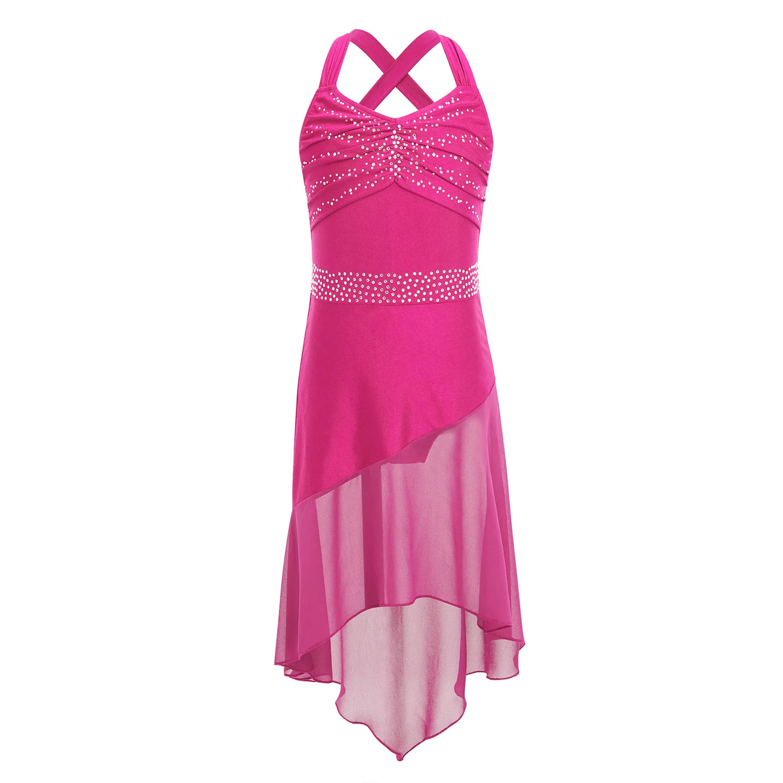 Robe de danse latine pour enfants, Costume de danse Cha-cha Samba pour filles, sans manches, strass, ourlet haut-bas en mousseline de soie, vêtements de danse de patinage