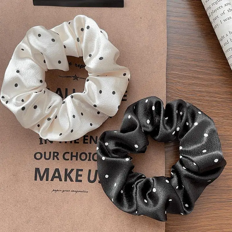 Neue Polka Dot Scrunchies in Schwarz und Weiß, große Haarbänder für Damen, elegante Haarseile, Pferdeschwanzhalter, Kopfbedeckung – Detail 5