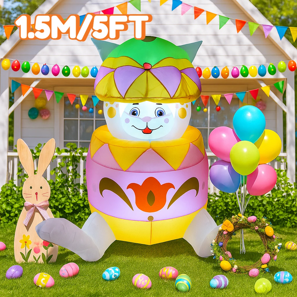 5FT Easter Festive Inflatable Bunny with Egg Decor LED Lights Airblown Holiday Party Garden Rabbit Yard Easter Decorations Props