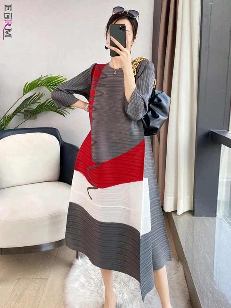 

EGRM Fashion Pleated Miyake Dress For Women Patchwork Color Block Print Mid-Calf Evening Party Dresses 2024 Autumn New 6GR529