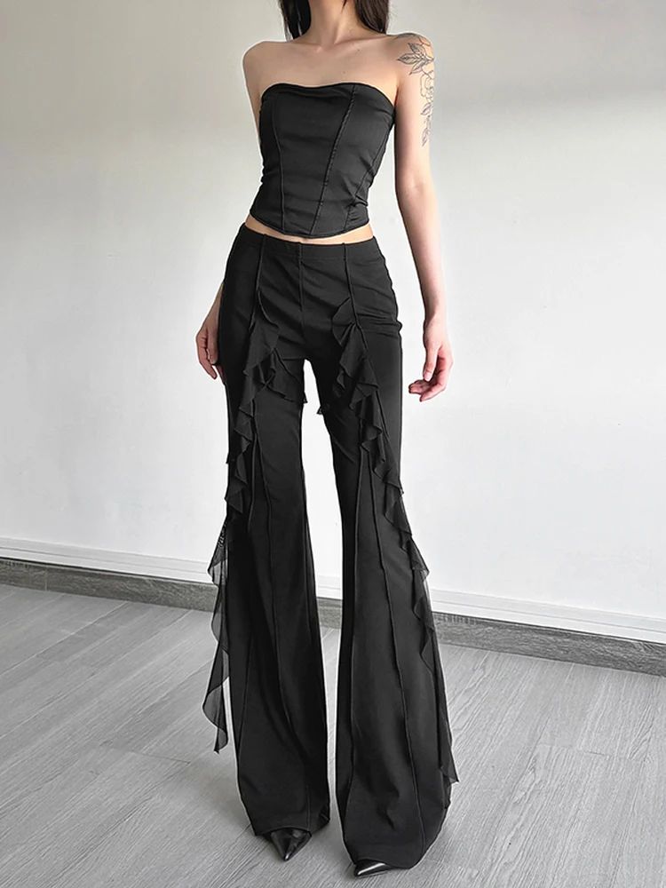 WEIRD PUSS 트렌디 밀레니엄 걸 캐주얼 팬츠 여성용 패셔너블 올매치 슬리밍 마이크로 플레어 팬츠 거즈 포함