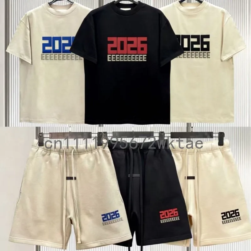 

26SS New Summer Men's Tracksuit Double Line Classic Silicone Letter Design T-shirt Drawstring Cotton Shorts Couple 2 Piece Set