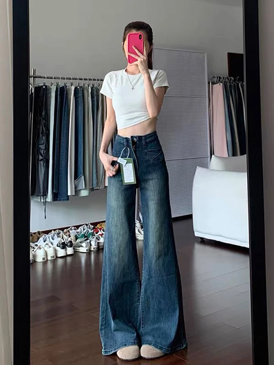 

Джинсы Bell Bot больших размеров, женские брюки с высокой талией, прямые широкие брюки, повседневные хлопковые эластичные джинсовые синие брюки для грушевого тела