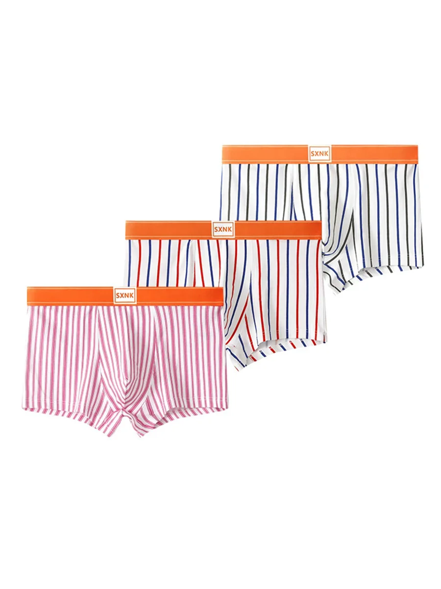 

3-Piece Men's Cotton Striped Boxer Briefs Set - "SXNK" Logo Waistband Underwear (Pink/Red-Blue/Black-White Stripes)