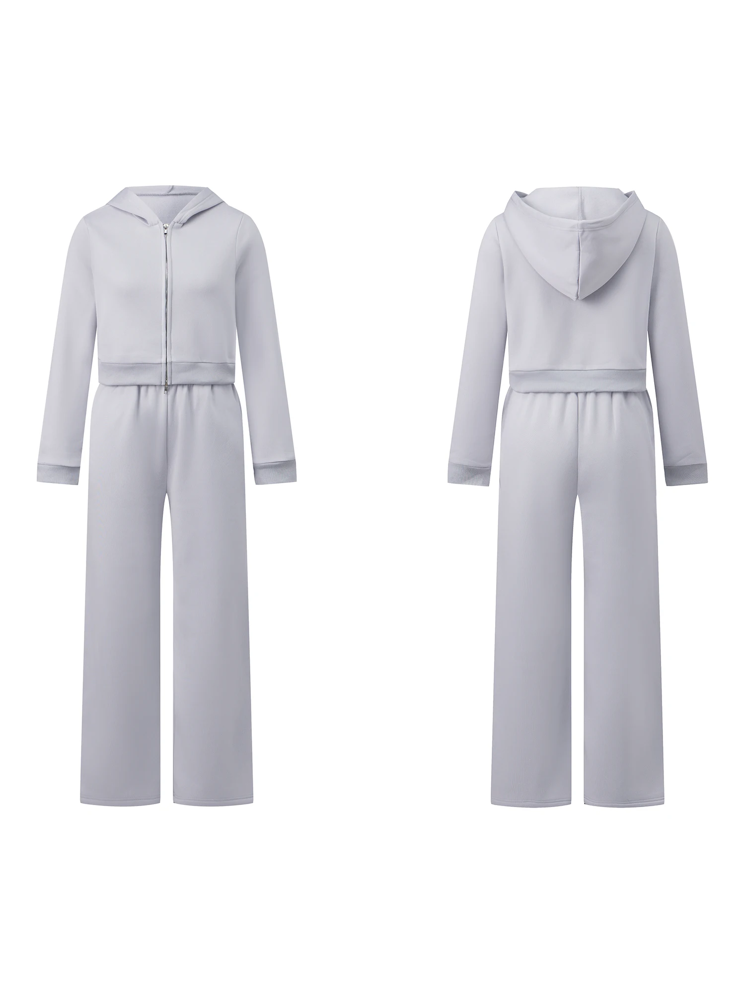 스타일리시한 여성용 2피스 세트, 트렌디한 솔리드 컬러 지퍼 후드티와 편안한 루즈핏 스웨트팬츠로 패셔너블한 룩 연출