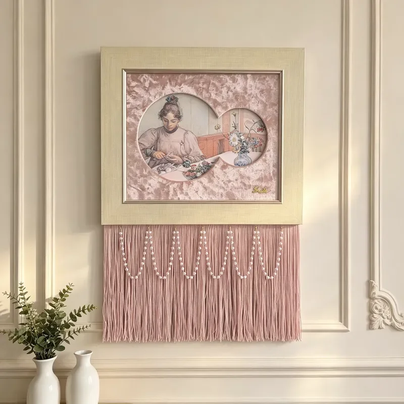 French Retro Fringed Decorative Painting Velvet Belt Hook Storage Mural for Porch Living Room Bedroom Wall Art Hanging