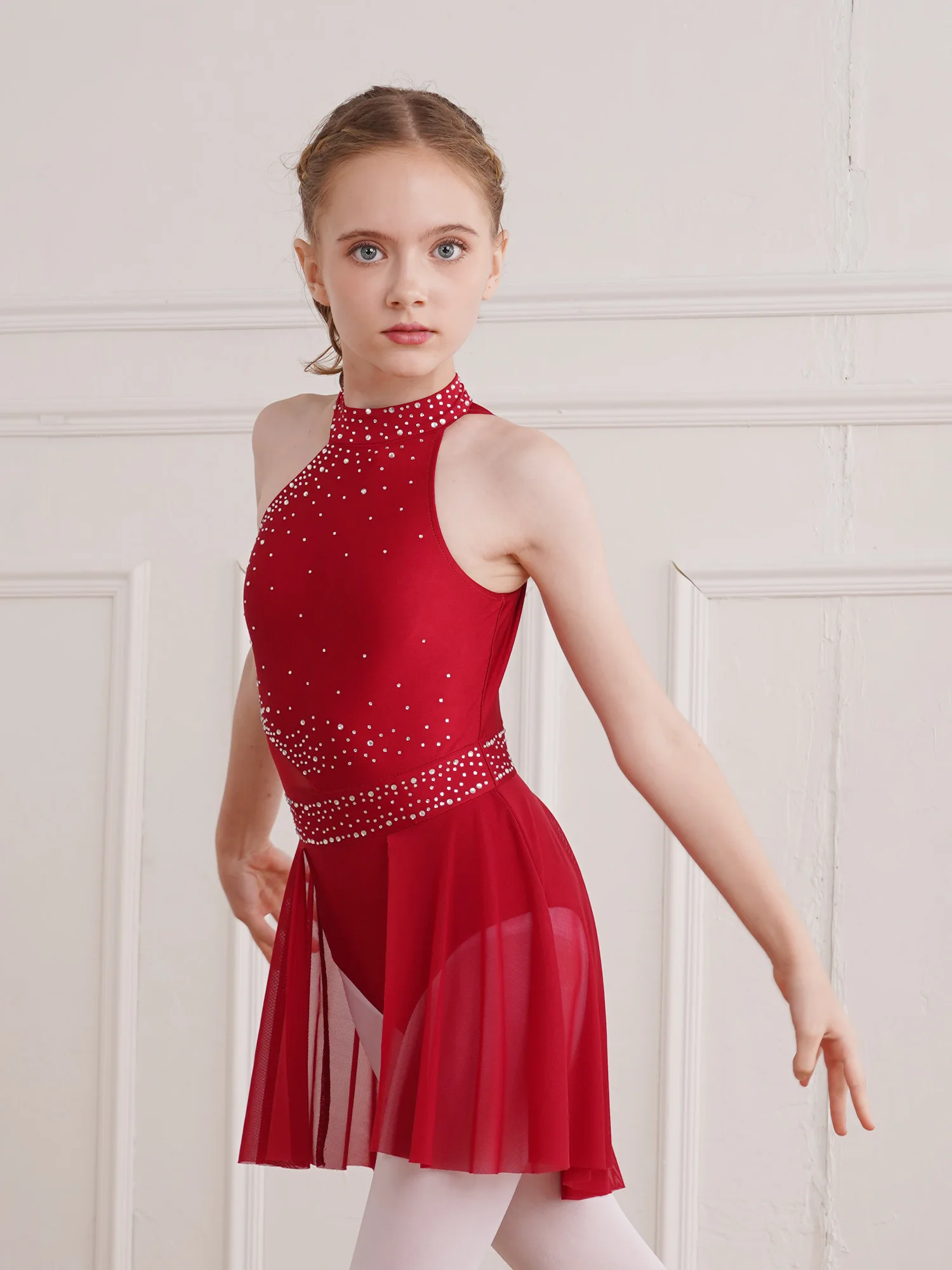 Vestido de leotardo de gimnasia para niños y niñas, traje de baile con diamantes de imitación brillantes, tutú de Ballet sin mangas, figura de salón, patinaje sobre hielo