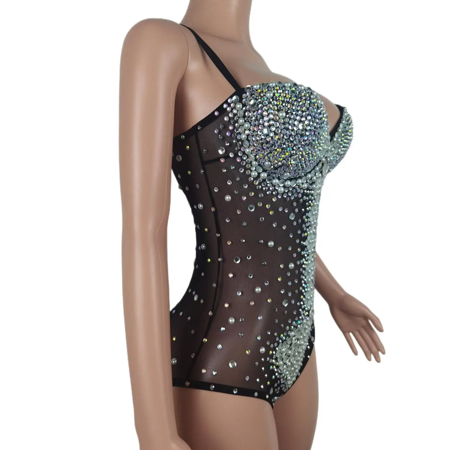 Rhinestone Pearl Sexy Jumpsuit Stretch Bodysuit Outfit Female Singer Dance Nightclub Wear Birthday Performance Costume Yemingzhu