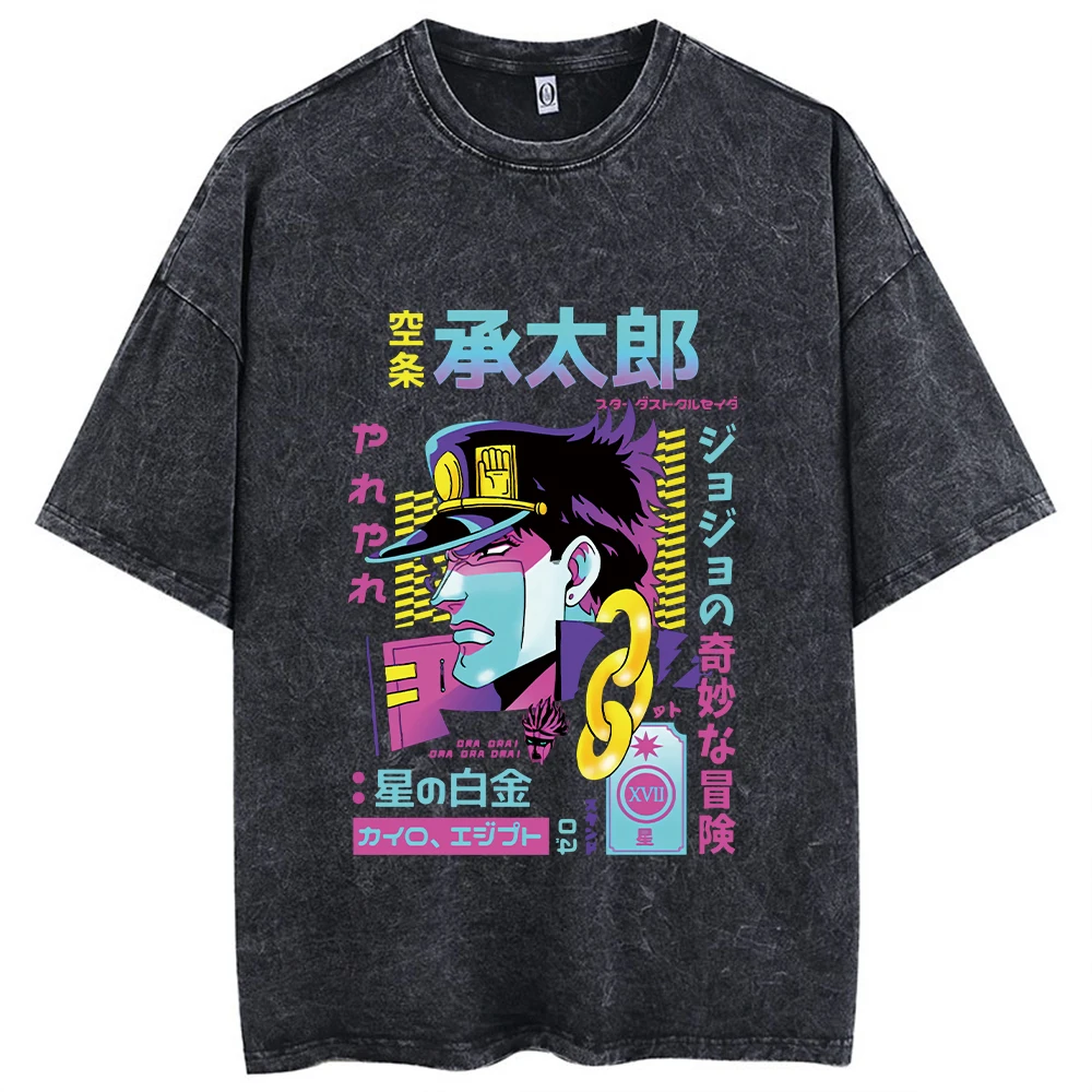 Y2k Washed T-shirts For Men Anime JoJo's Bizarre Adventure Short Tshirts Women Tops Graphic Printed TShirt Short Sleeve Unisex