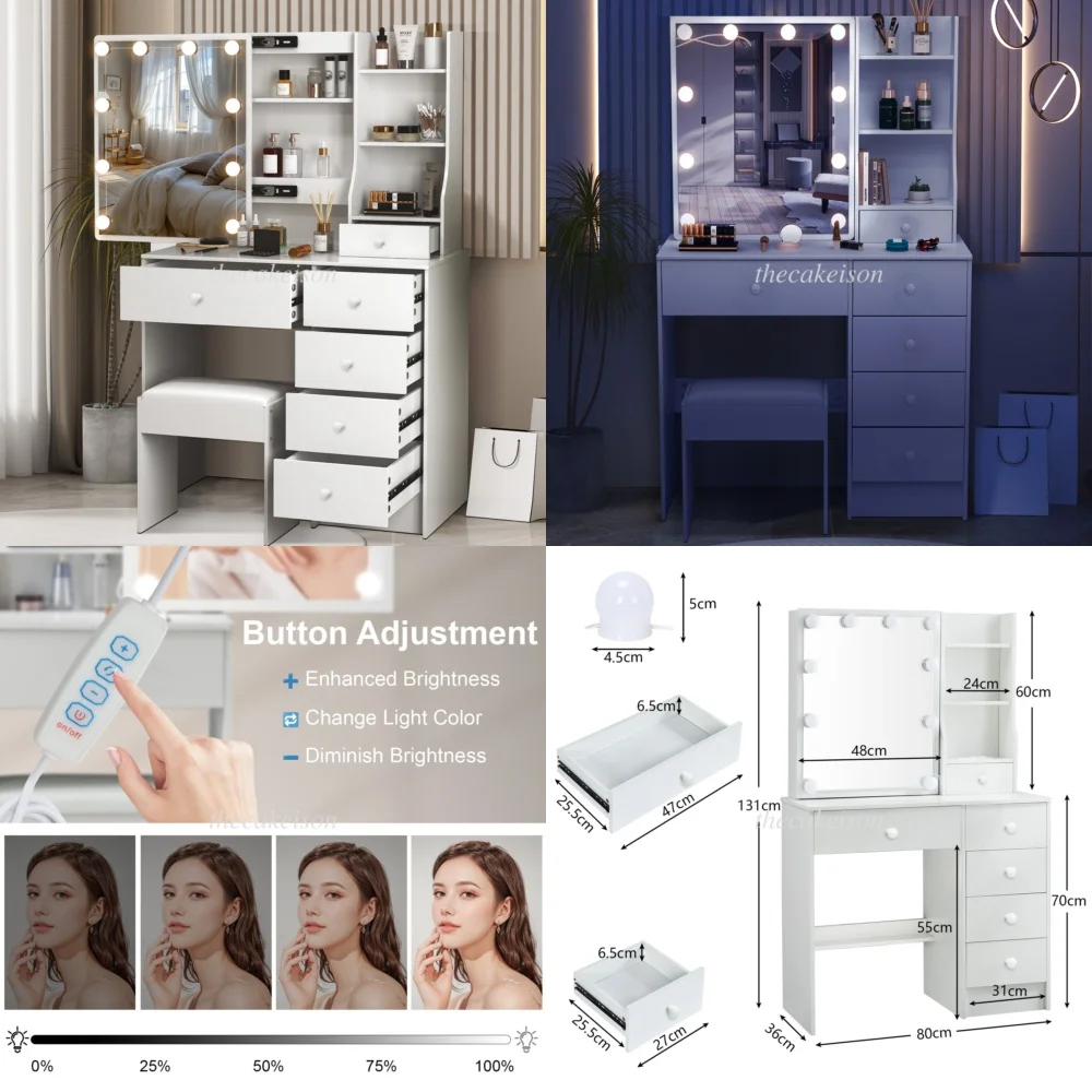 Tocador de maquillaje Escritorio de tocador de maquillaje iluminado LED con 6 cajones y taburete para clientes de EE. UU.