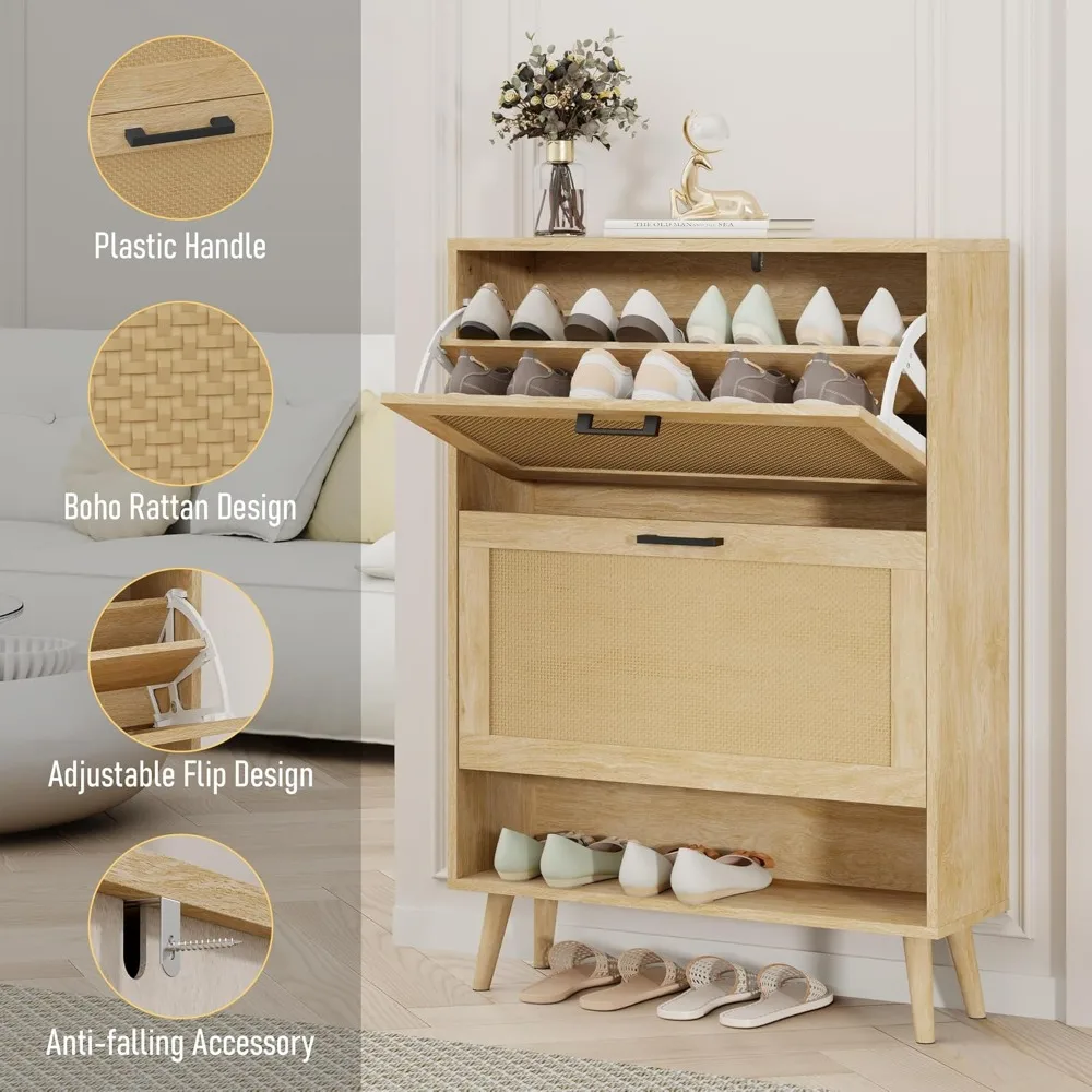 

Free Delivery - Shoe Storage Cabinet with 2 Flip Drawers, Freestanding Hidden Shoe Organizer with Wood Legs, Farmhouse Narrow