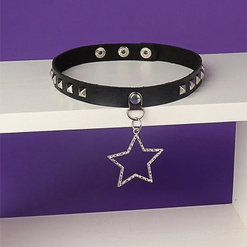Gothic Individuality Simple Fashionable Hip hop Punk Five-pointed star Star Rivet Leather Choker Rock and roll Cortex Pendant