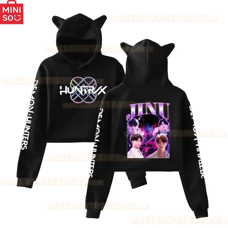Rumi Fleece-gefütterter Kapuzenpullover für Damen, bedruckt, Katzenohren, anpassbar, Persönlichkeit, kurz, Herbst-Winter-Sweatshirt, weibliches Oberteil für Katzenliebhaber