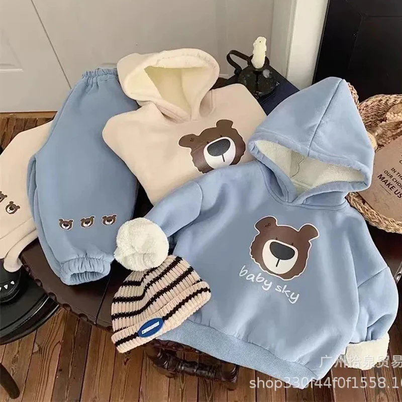 1-6Y Boys Clothing Set Autumn Winter New Cartoon Bear Print Lining Plush Thick Hoodies+Pants 2Pcs For Boys Warm Casual Suit