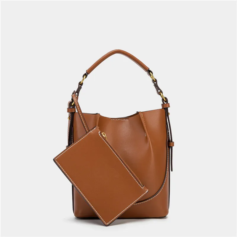 2025 New Women's Brown Folded Zippered Bucket Bag with Wide Shoulder Strap for Versatile Hand Carry Crossbody Bag - view 5