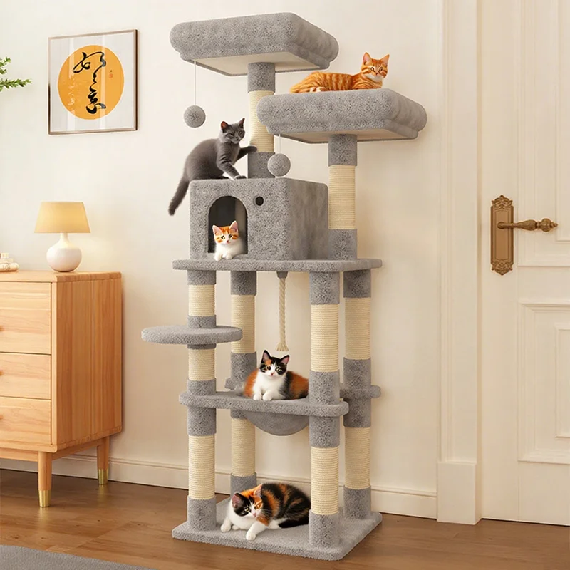 Large Cat Tree Tower Indoor with Sisal Scratching Posts Spacious Hammock Padded Perches Climbing Frames for Cats