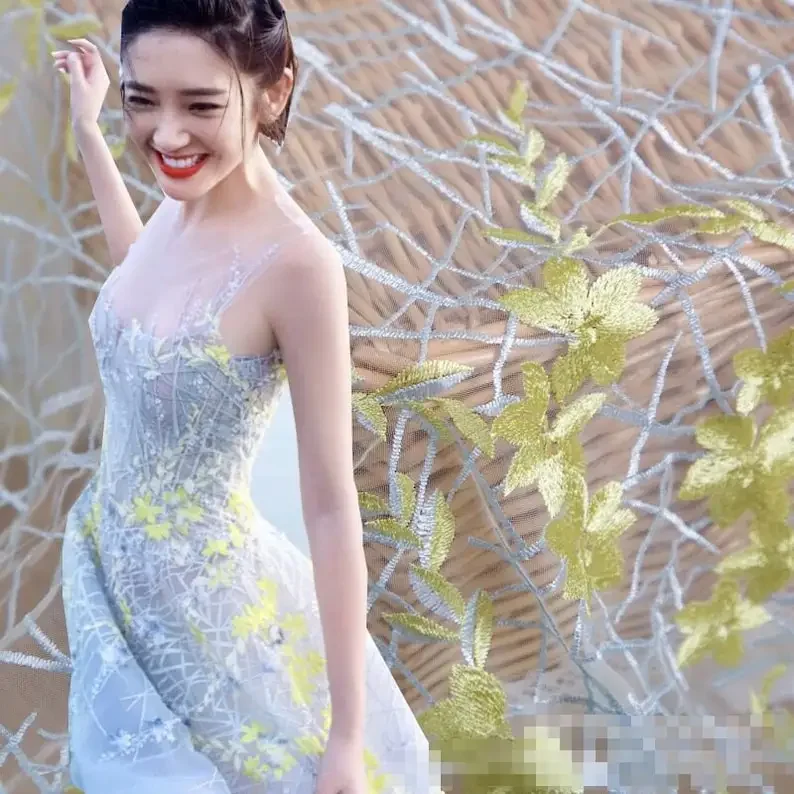 

Yellow Flower Embroidered Lace Fabric Floral Tulle Fabric For Girl Dress Tutu Dress Wedding Dress Bridal Veil 1 Yard