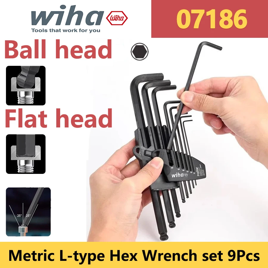 WIHA 07186 Metric L-type Hex Wrench set 9Pcs Precison Extended Version Black Ball/Flat Head Spanner for Bicycle Repair Tools