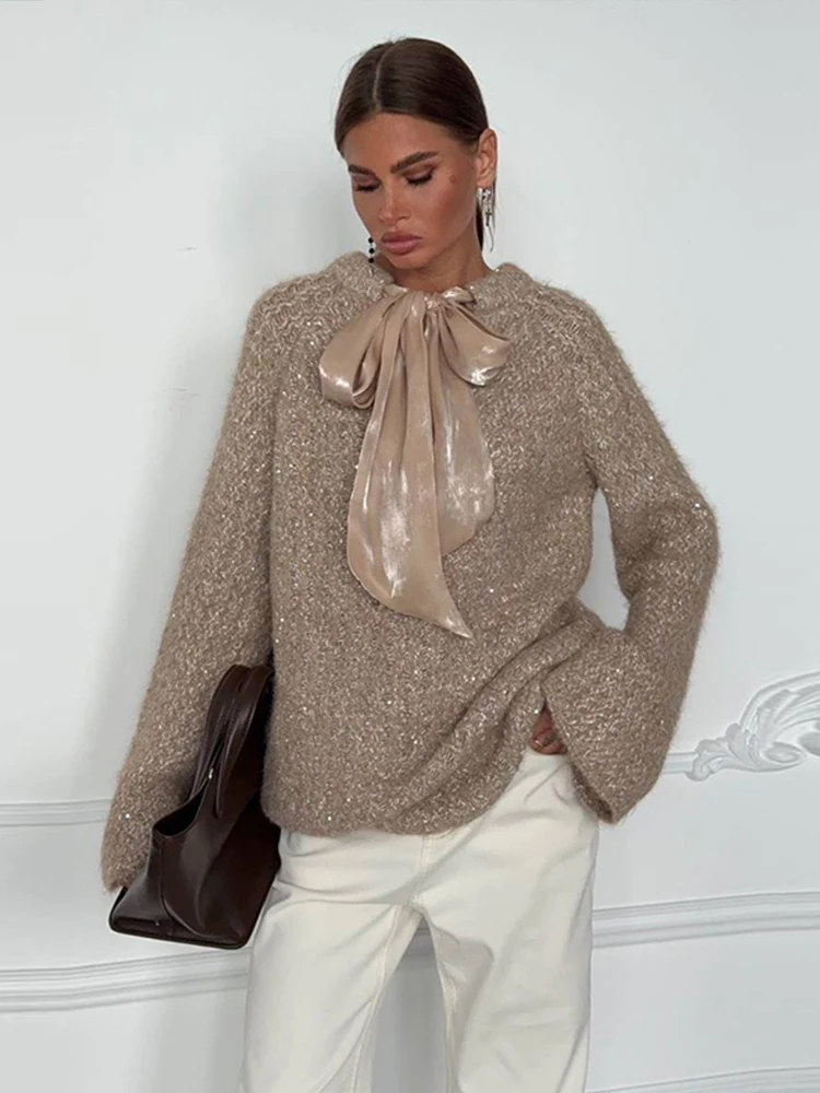 

Вязаный пуловер с блестящей нитью, женский свободный свитер с круглым вырезом и шнуровкой с бантом и длинными рукавами, женский свитер 2025 года, осень-зима, новый шикарный однотонный трикотаж