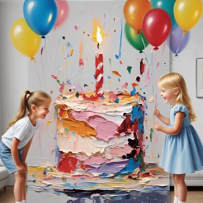 لوحة زيتية ملونة كبيرة جدًا لخلفية كعكة عيد الميلاد، ترتيب مشهد ديكور حفلات أعياد الميلاد للأولاد والبنات #3