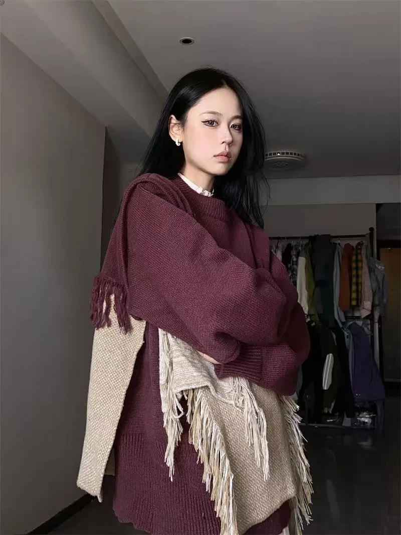 Jesienno-zimowy sweter vintage z frędzlami, dziergany, damski i męski, w stylu amerykańskiego goth, z dziurami, luźny pulower, dla par, casualowa bluza.