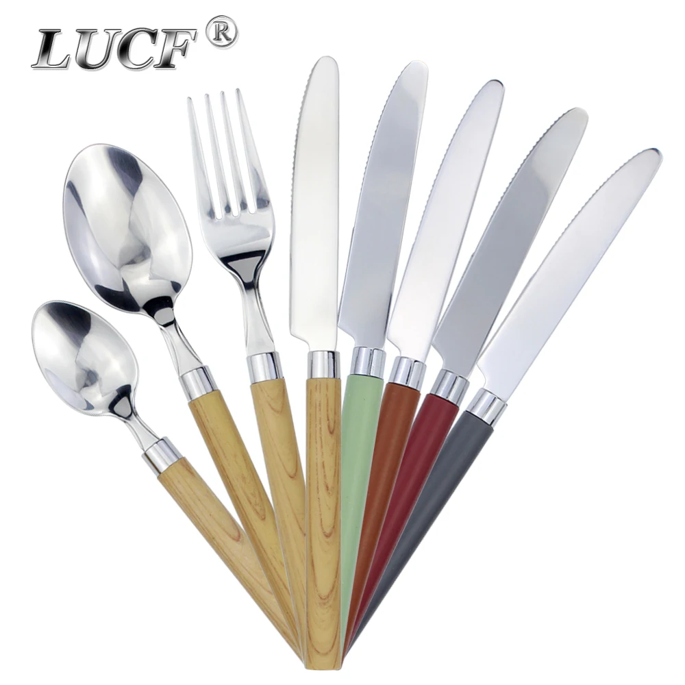 Colorful Handy Cutlery 4 In 1 Set Plastic Handle Mirror Stainless Steel Knife Fork Spoon Eco Friendly Flatware For Home Canteen