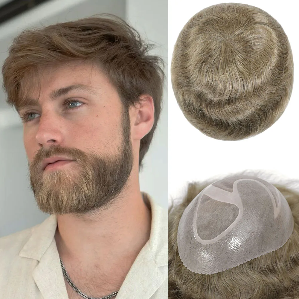 Toupee For Men Human Hair Units Mono With Pu Base Hair Replacement System Breathable And Durable Loose Wave Mens Hairpiece 8x10 Inch