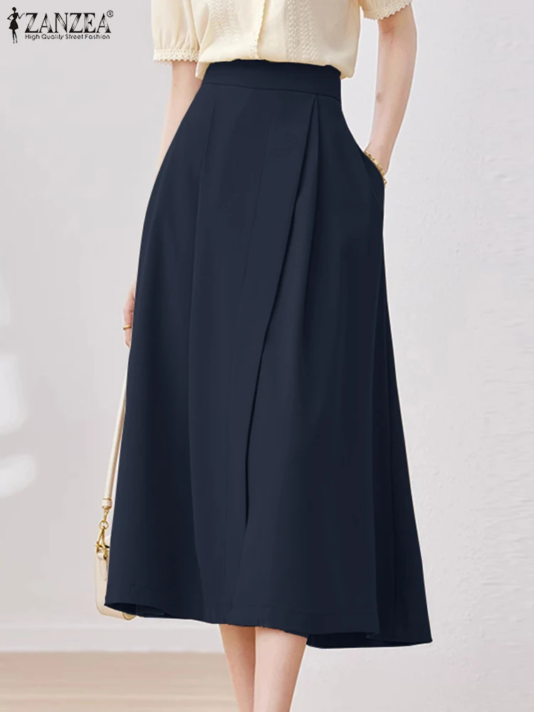 ZANZEA Elegant High Waist Office OL Skirt Women Casual Solid Midi Skirt Fashion Slit Hem Faldas Robe Woman Pleated Sundress 2024