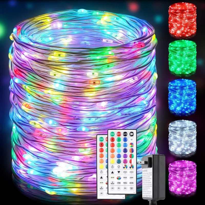 

Модернизированная версия, 138 футов 400 светодиодных веревочных фонарей, уличный гирляндный светильник, 24 цвета RGB + теплые белые водонепроницаемые звездные гирлянды