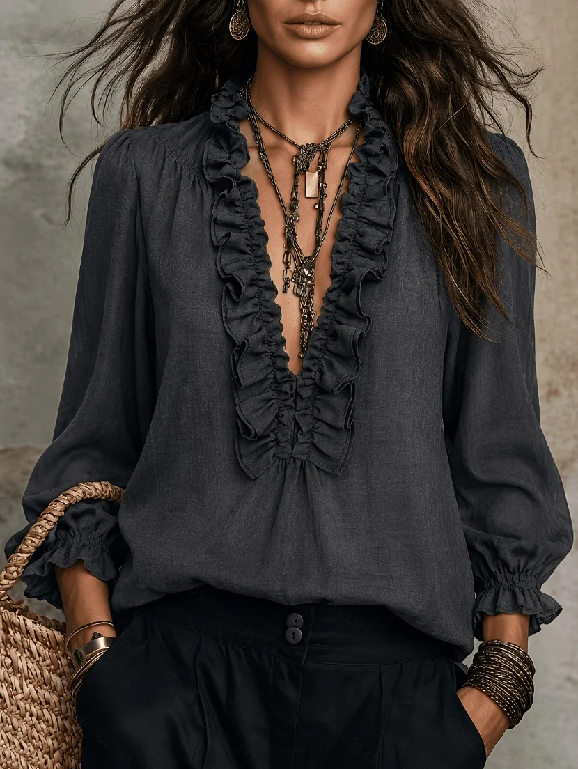 2026 Autumn New Women's Long Sleeve Shirt Vintage Bohemian Style Daily Commuting Outing V-Neck Ruffled Loose Pullover Top for Spring and Autumn Mature Women's Fashion