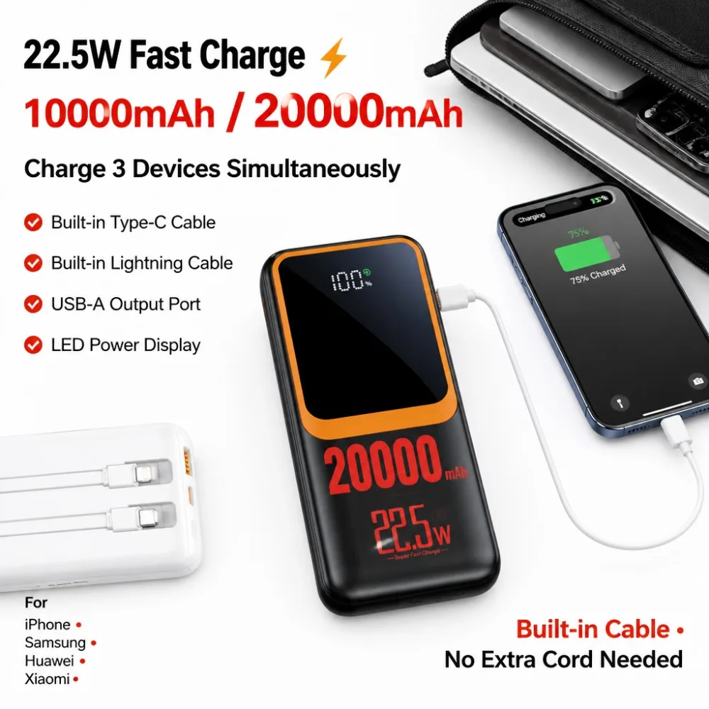 20000mAh 10000mAh Power Bank Fast Charging with Built-in USB C Cable for iPhone Samsung Android PowerBank
