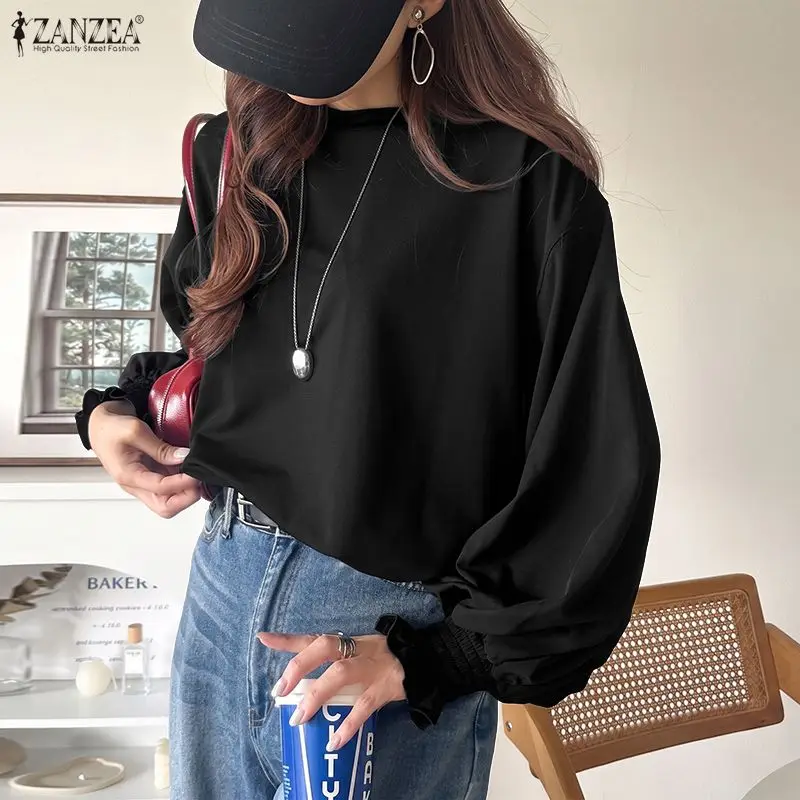 ZANZEA Autumn Blouse Long Sleeve Korean Style Blusas Women Solid Color Tops Fashion Round Neck Tunic Pullover