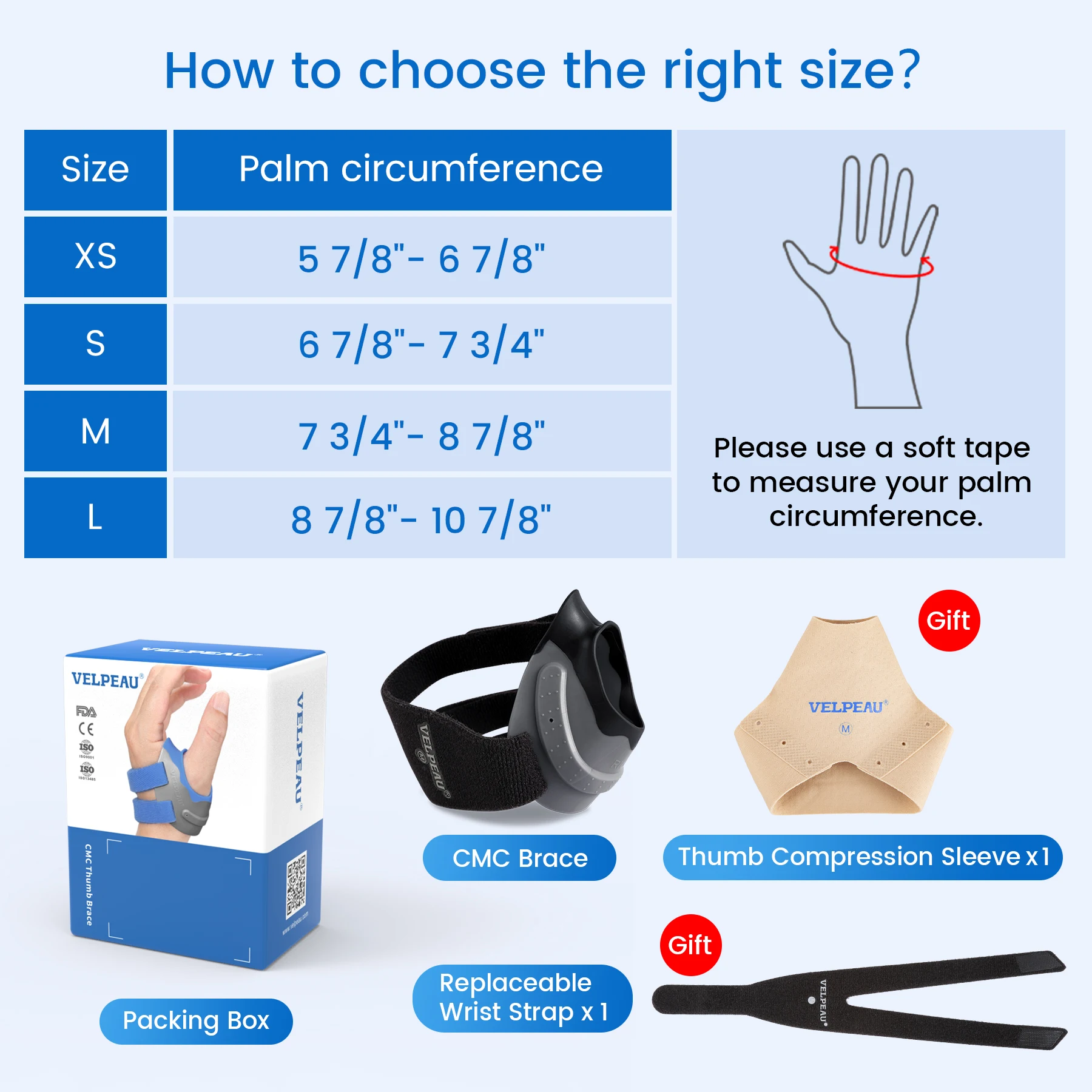 VELPEAU Thumb Splint CMC Joint Orthosis for Arthritis, Osteoarthritis and Pain Relief Thumb Brace Durable and Skin-friendly