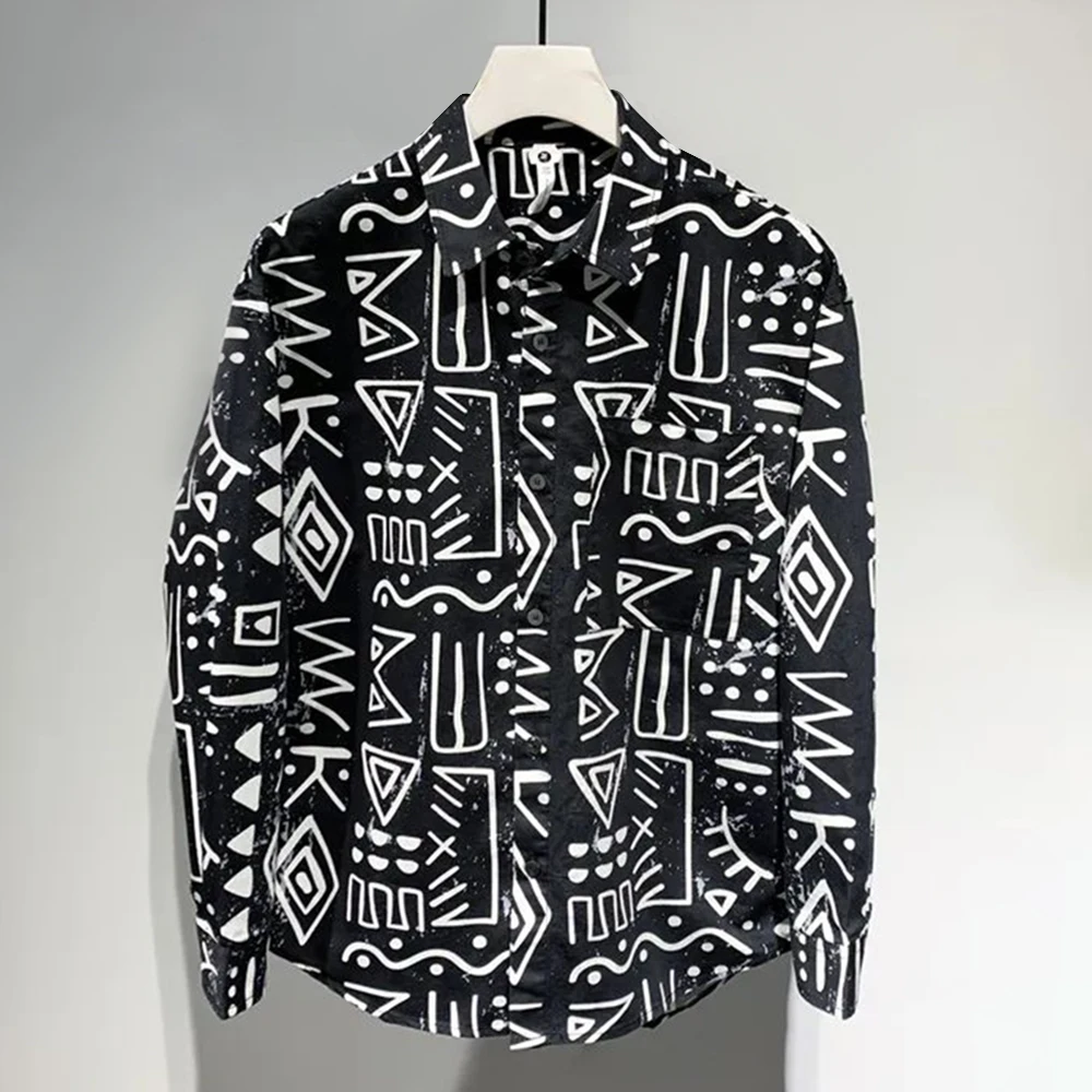 2024 Spring And Summer New Style Men\'s Casual Shirt Geometric Pattern Graffiti Print Fashion Comfortable Long-Sleeved Top