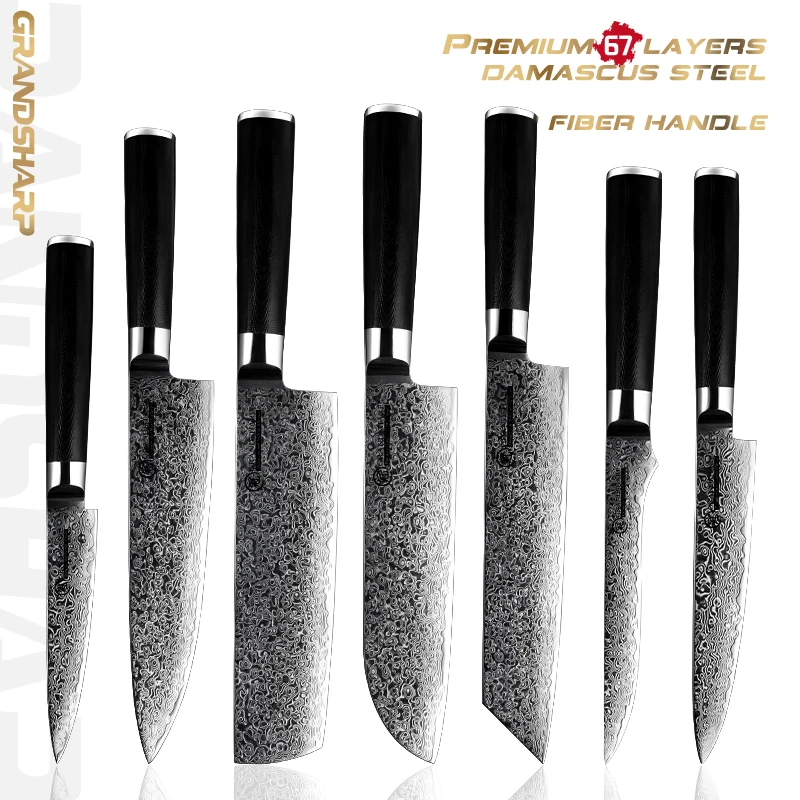 

Grandsharp 1-7 Pcs Kitchen Knife Sets AUS-10 Japanese Damascus Steel Chef Nakiri Utility Boning Knives Chef's Cooking Tool