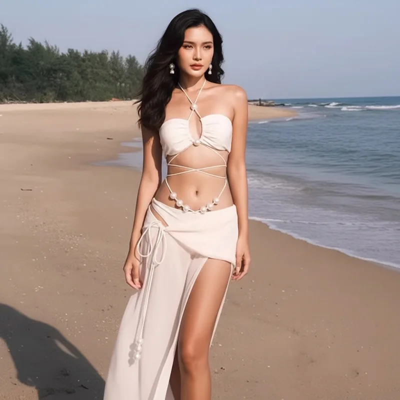 

2026 New Women Pearl Halter Bikini Hollow Cross Strap High Slit Skirt Sexy Slim Beach Pool Vacation Bathing Fashion Suit