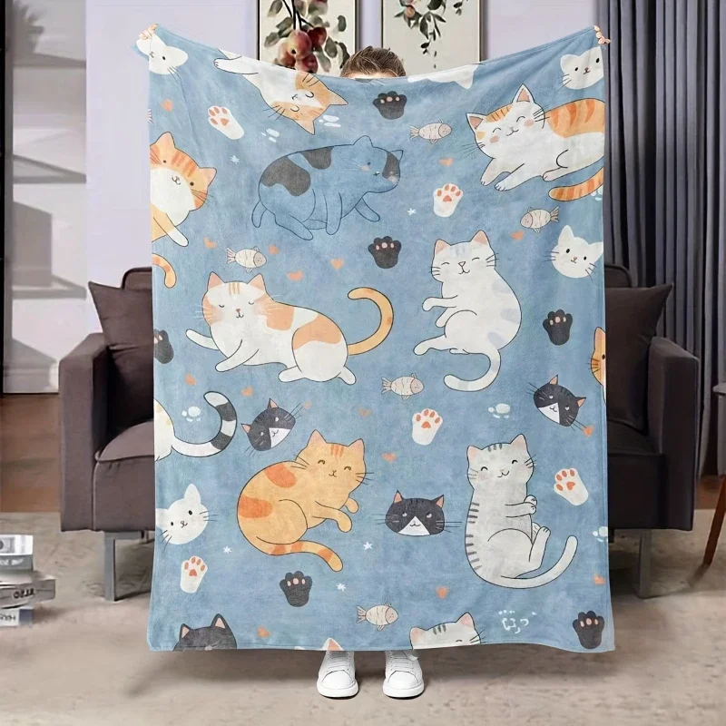 Blue Tone Patchwork Cat Full Print Throw Blanket,Soft Couch,Window Seat Layer,Birthday Anniversary Home Casual Comfort Gesture